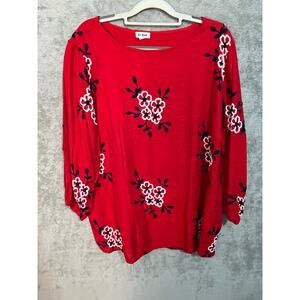 Kindred Blouse 3X Red Floral Embroidered Crinkle Fabric Boho Summer